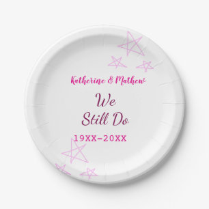 Pink stars Vow renewal anniversary wedding modern Paper Plate