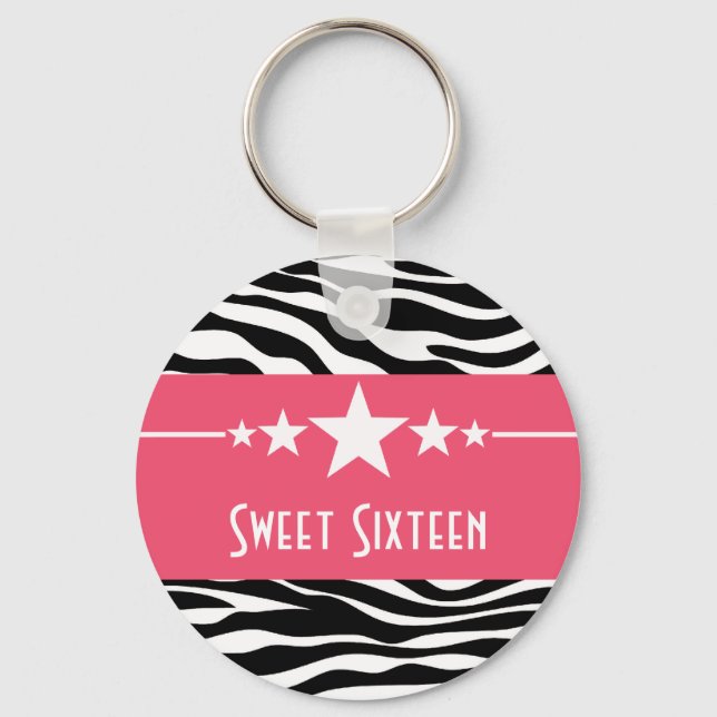 Pink Stars Zebra Print Sweet 16 Keychain (Front)