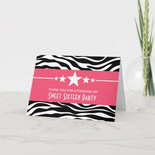 Pink Stars Zebra Print Sweet 16 Thank You Card (Front)