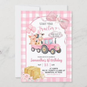 Pink Start Your Tractor Farm Animals Birthday Invitation