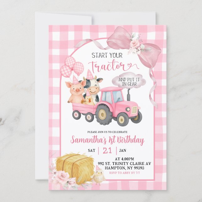 Pink Start Your Tractor Farm Animals Birthday Invitation (Front)