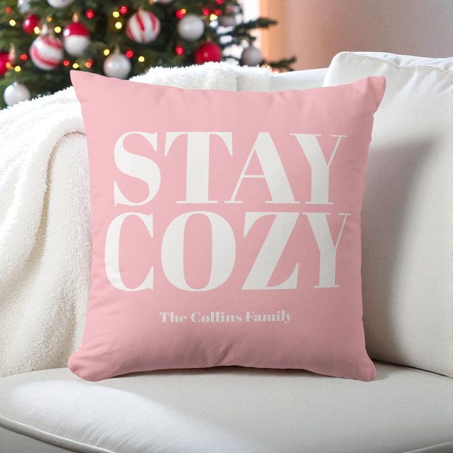 Pink Stay Cosy Festive Typography White Christmas Cushion (Pink Stay Cozy Festive Typography White Christmas Throw Pillow)