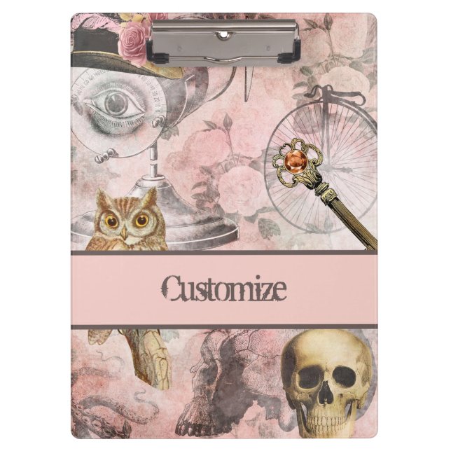 Pink Steam Punk Retro Goth Owl Keys Clipboard (Front)