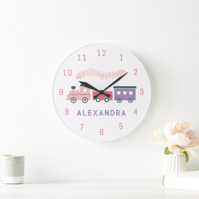 Pink Steam Train Kids Girl Nursery Clock (Home)