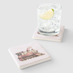 Pink Steam Train Vintage Style Stone Coaster