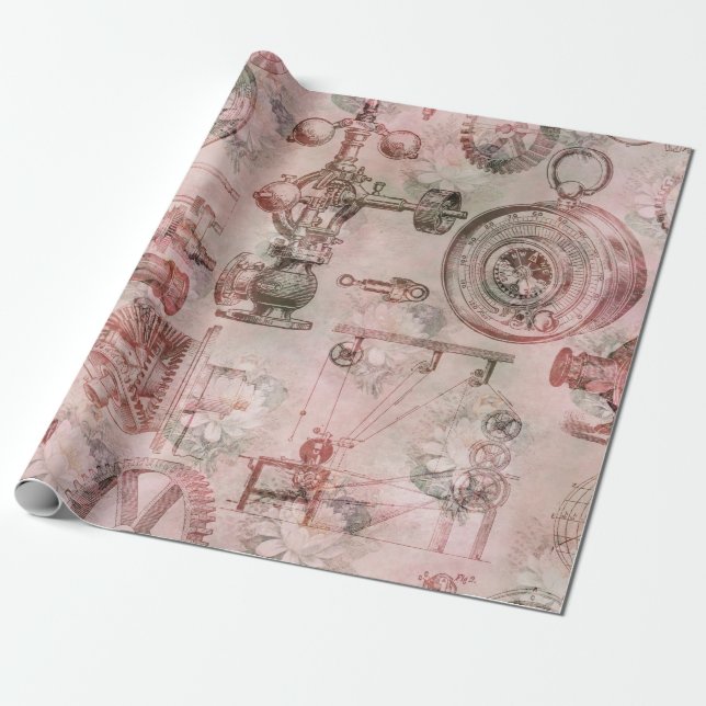Pink Steampunk Clocks and Watches Wrapping Paper (Unrolled)