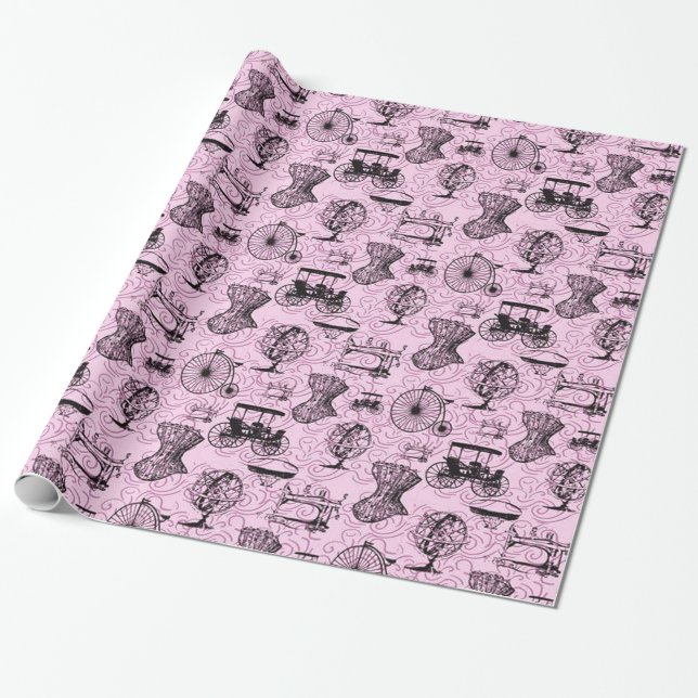 Pink Steampunk Pattern Wrapping Paper (Unrolled)