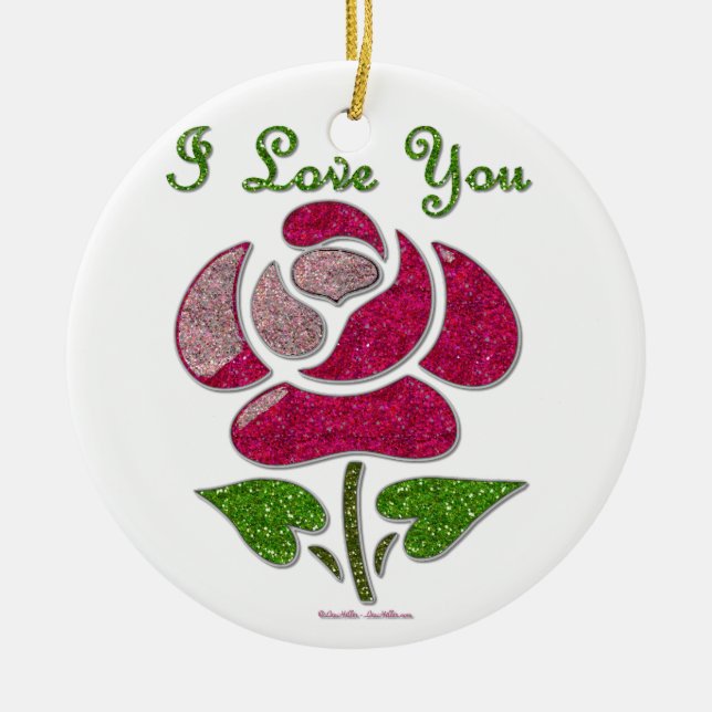 Pink Stencil Rose I Love You Ceramic Ornament (Front)