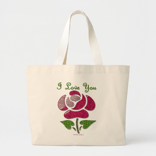 Pink Stencil Rose I Love You Large Tote Bag (Front)
