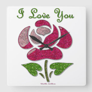 Pink Stencil Rose I Love You Square Wall Clock
