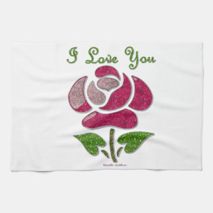 Pink Stencil Rose I Love You Tea Towel