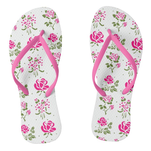 Pink Stenciled Rose Pattern Flip Flops (Footbed)