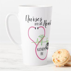 Pink Stethoscope EKG Nurses Are All Heart Name Latte Mug
