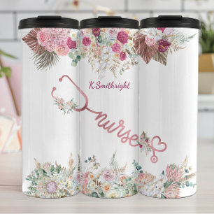 Pink Stethoscope Floral Nurse Tribute Thermal Tumbler