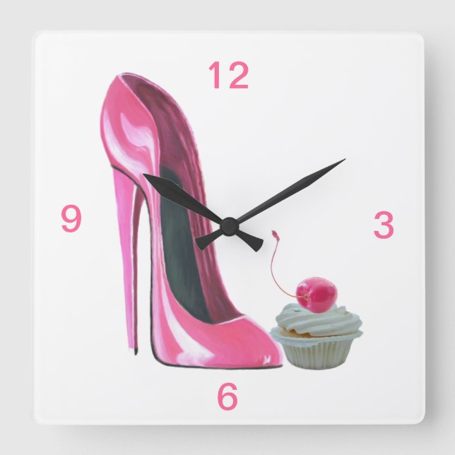 Pink Stiletto Shoe and Cherry Cupcake Wall Clock (Front)