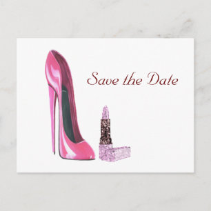 Pink Stiletto Shoe and Lipstick Art Announcement Postcard