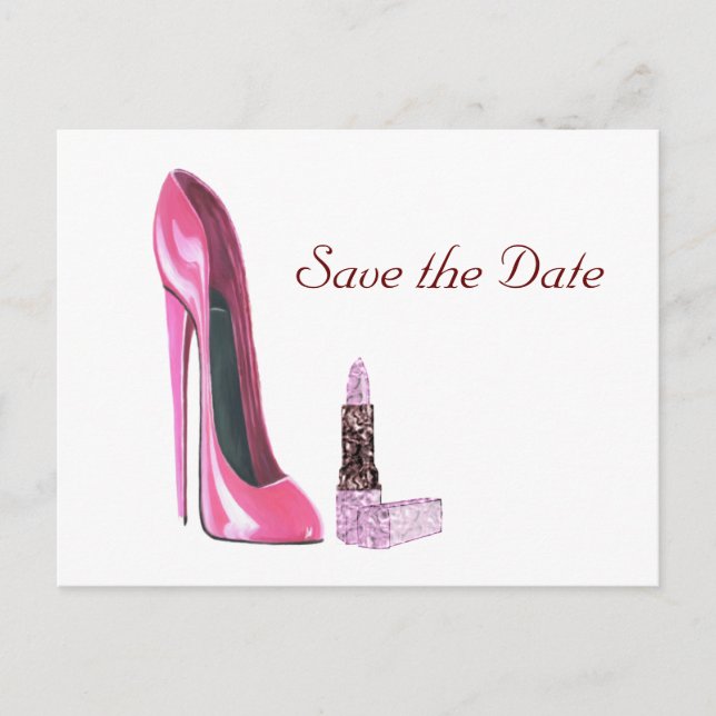 Pink Stiletto Shoe and Lipstick Art Announcement Postcard (Front)