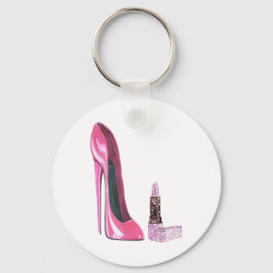 Pink Stiletto Shoe and Lipstick Art Key Ring