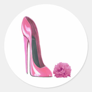 Pink Stiletto Shoe and Pink Rose Art Classic Round Sticker