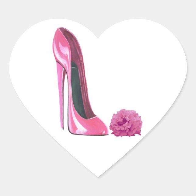 Pink Stiletto Shoe and Pink Rose Art Heart Sticker (Front)