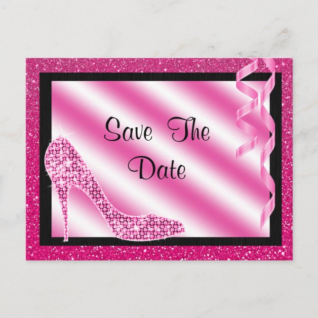 Pink Stiletto & Streamers 50th Save The Date Announcement Postcard (Front)