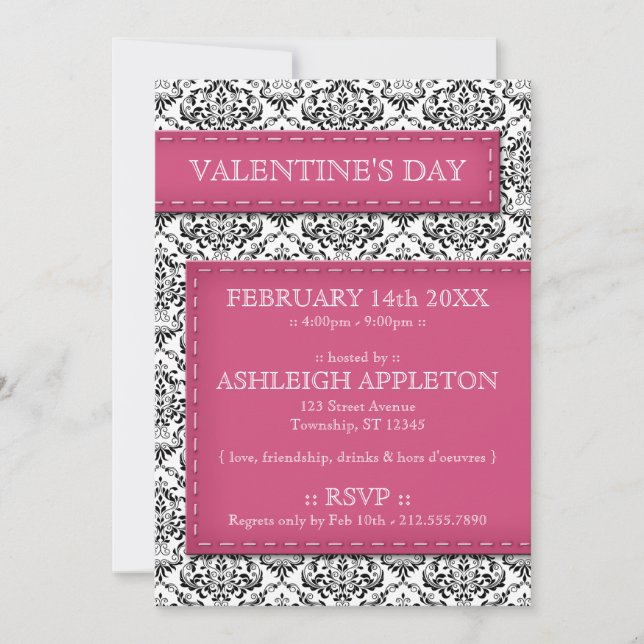 Pink Stitched Damask Valentine's Day Invitations (Front)