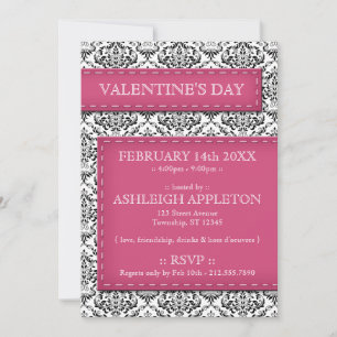Pink Stitched Damask Valentine's Day Invitations