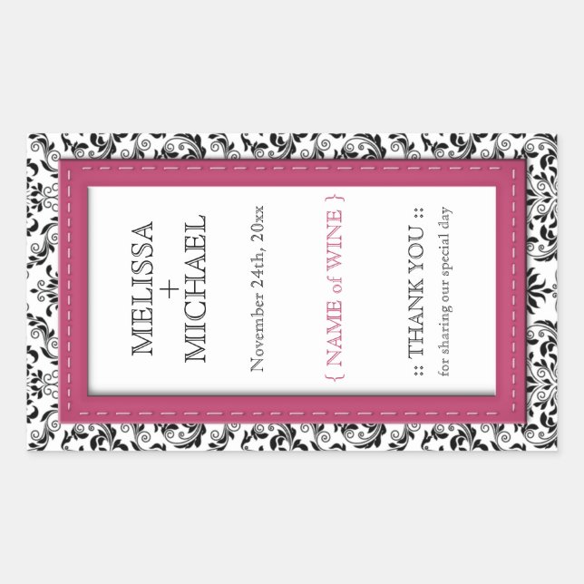 Pink Stitched Damask vertical Wedding Wine Labels (Front)