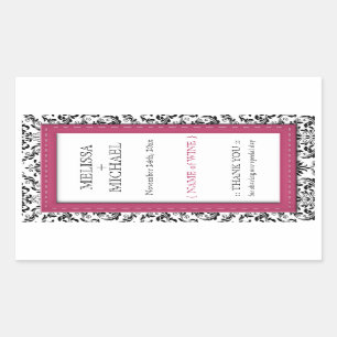 Pink Stitched Damask vertical Wedding Wine Labels