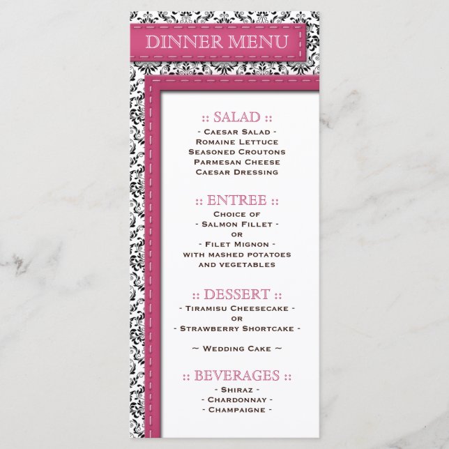 Pink Stitched Damask Wedding Reception Menu (Front)