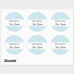 Pink stitched hearts on blue classic round sticker
