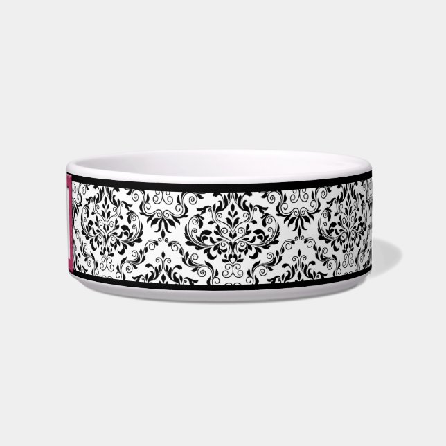 Pink Stitched Label Design Damask Cat Bowl (Right)