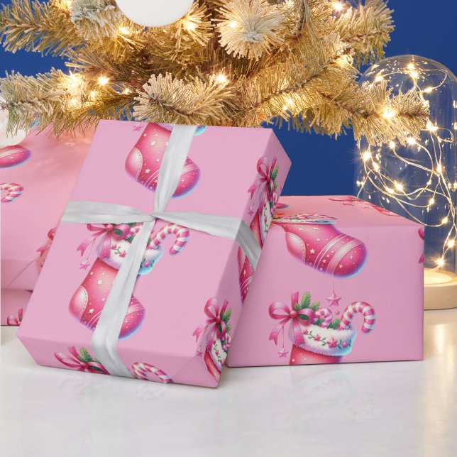 Pink Stocking Christmas Holiday  Wrapping Paper (Holidays)