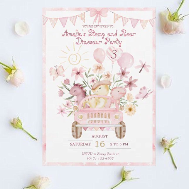 Pink Stomp and Roar Dinosaur Birthday Invitation (Creator Uploaded)