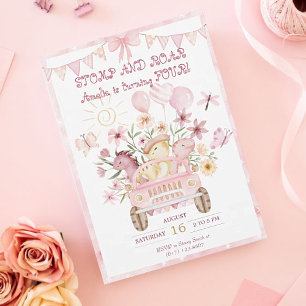 Pink Stomp and Roar Fourth Dinosaur Birthday Invitation