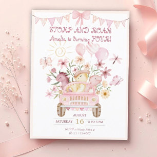 Pink Stomp and Roar Fourth Dinosaur Birthday Postcard