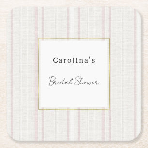 Pink Stone White Stripes Bridal Shower Square Paper Coaster