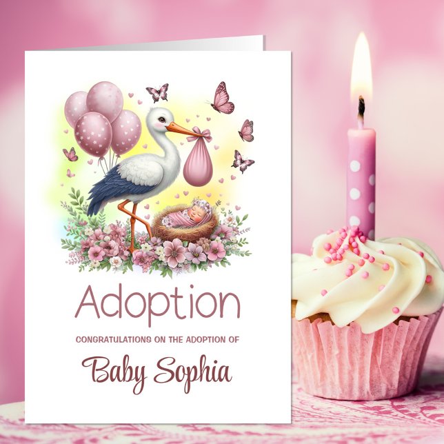 Pink Stork Baby Girl Adoption Congratulations Card (Creator Uploaded)