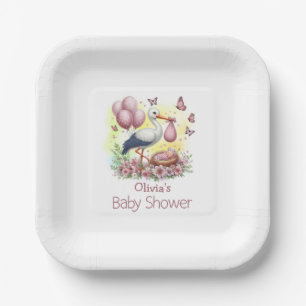 Pink Stork Baby Girl Baby Shower Paper Plate