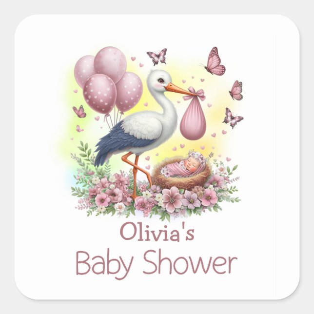 Pink Stork Baby Girl Baby Shower Square Sticker (Front)