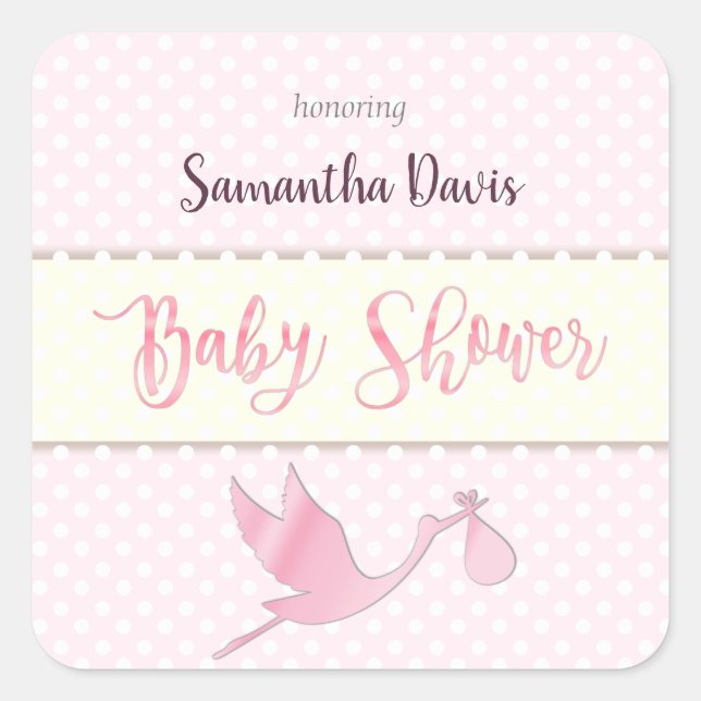 Pink Stork Baby Girl Baby Shower Square Sticker (Front)