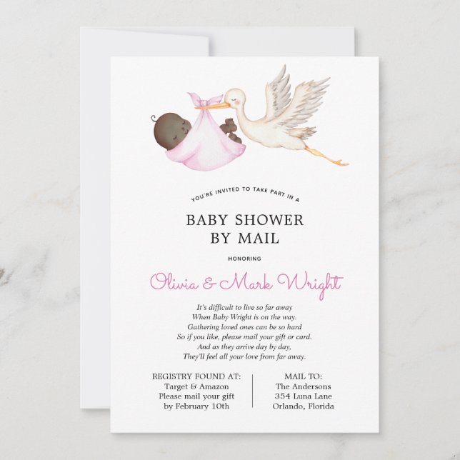Pink Stork Baby Shower by Mail Invitation (Front)