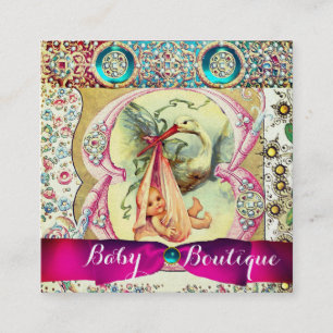 PINK STORK BABY SHOWER,GEMSTONES, FLORAL SWIRLS SQUARE BUSINESS CARD