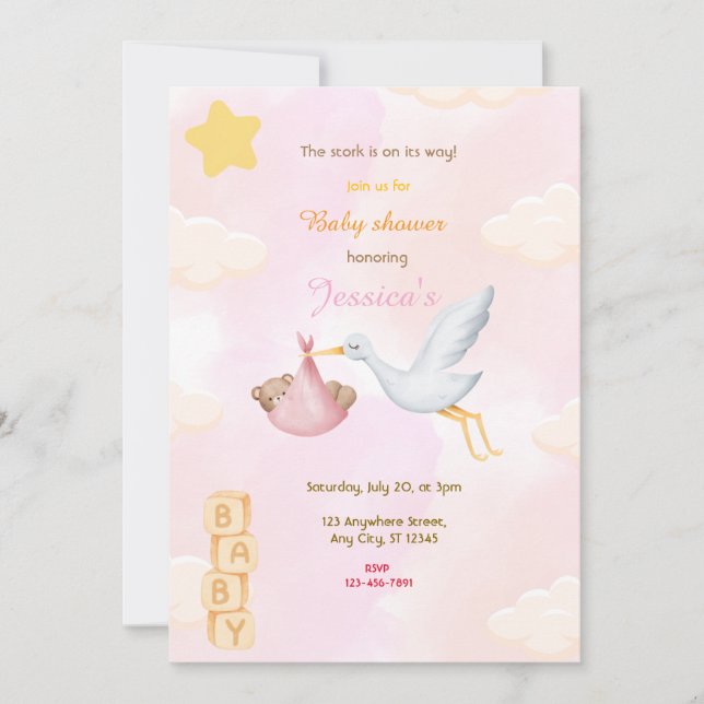 Pink Stork Baby Shower Invitation (Front)