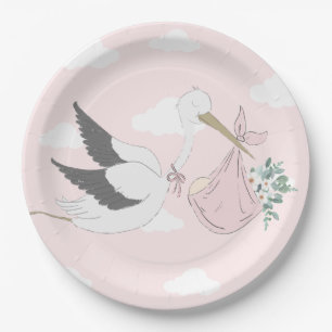 Pink Stork Baby Shower Paper Plate