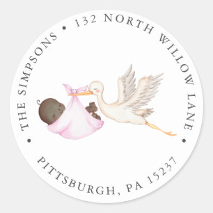 Pink Stork Baby Shower Return address Classic Roun Classic Round Sticker