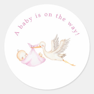 Pink Stork Baby Shower Round Sticker