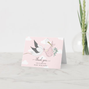 Pink Stork Baby Shower Thank You Card