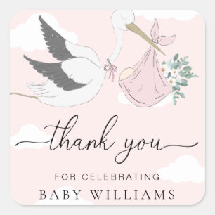 Pink Stork Baby Shower Thank You Square Sticker
