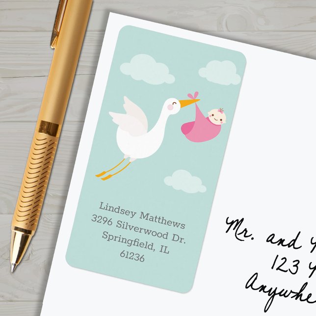 Pink Stork Bundle Baby Shower Return Address Label (Pink stork bundle girl baby shower return address labels)